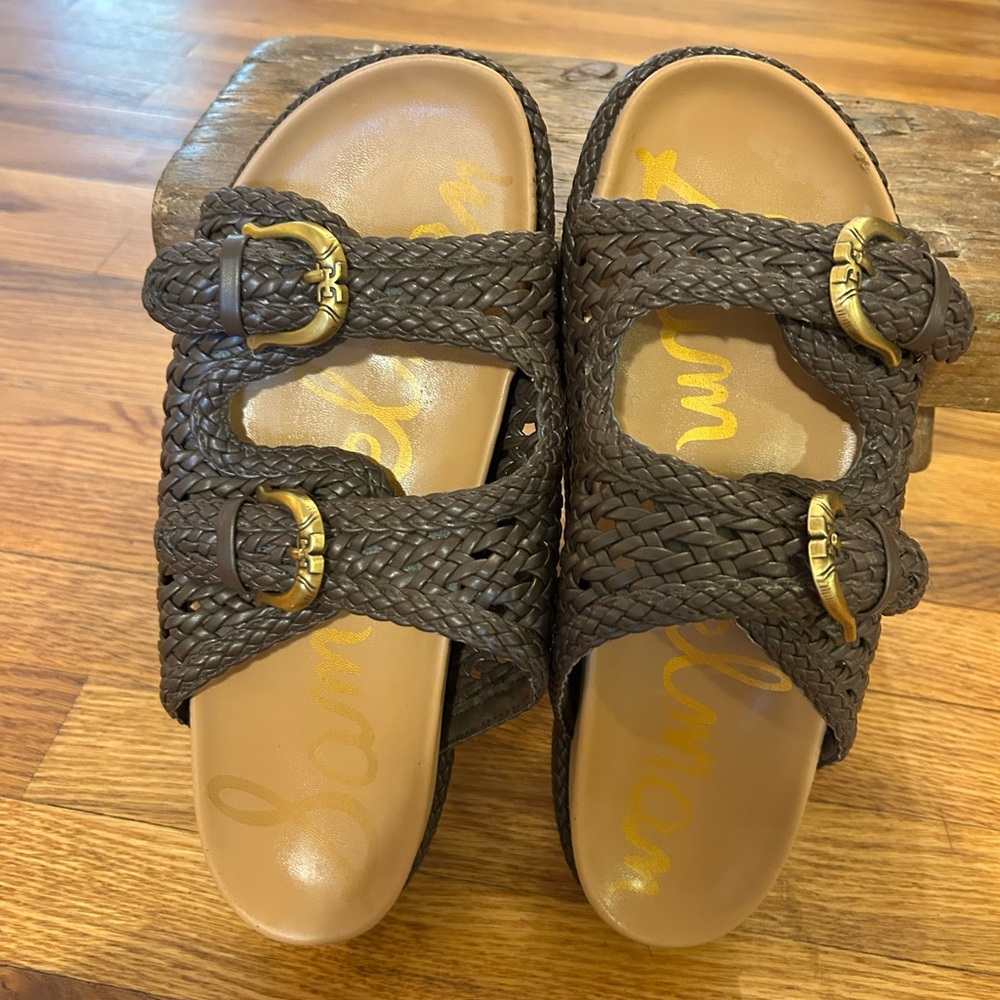 Sam Edelman Braided Double-Buckle Slide Sandal in Dark Brown with Gold Buckles